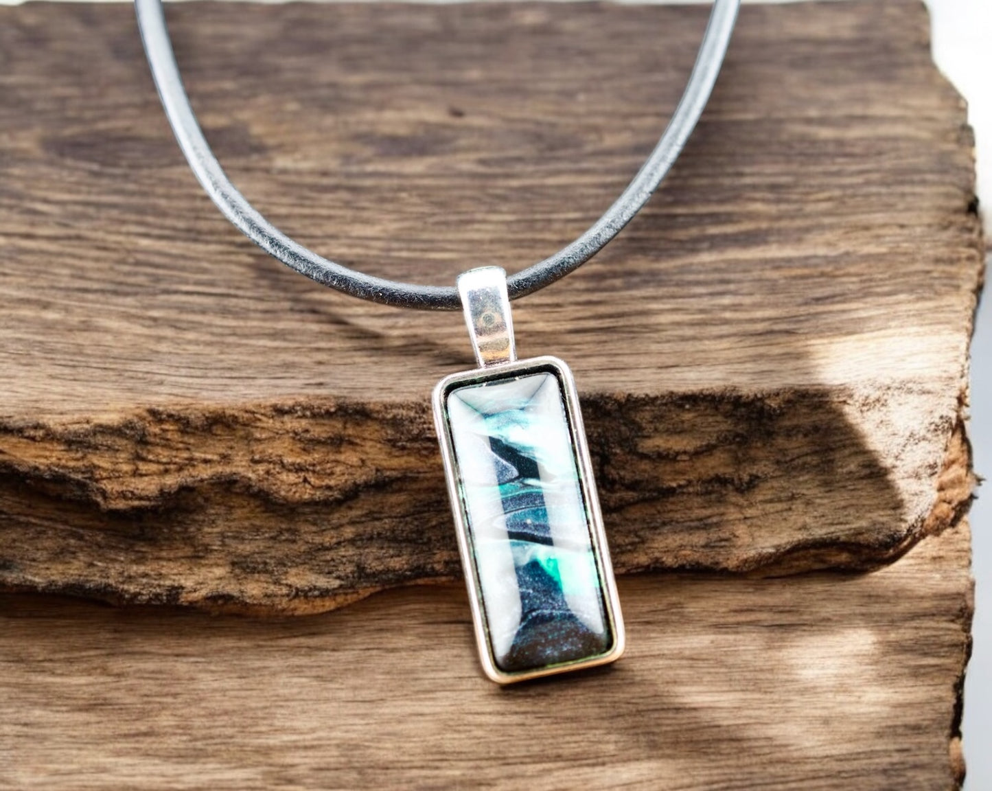 Galaxy Necklace 12 - Rectangular Silver Pendant with Black Leather Necklace
