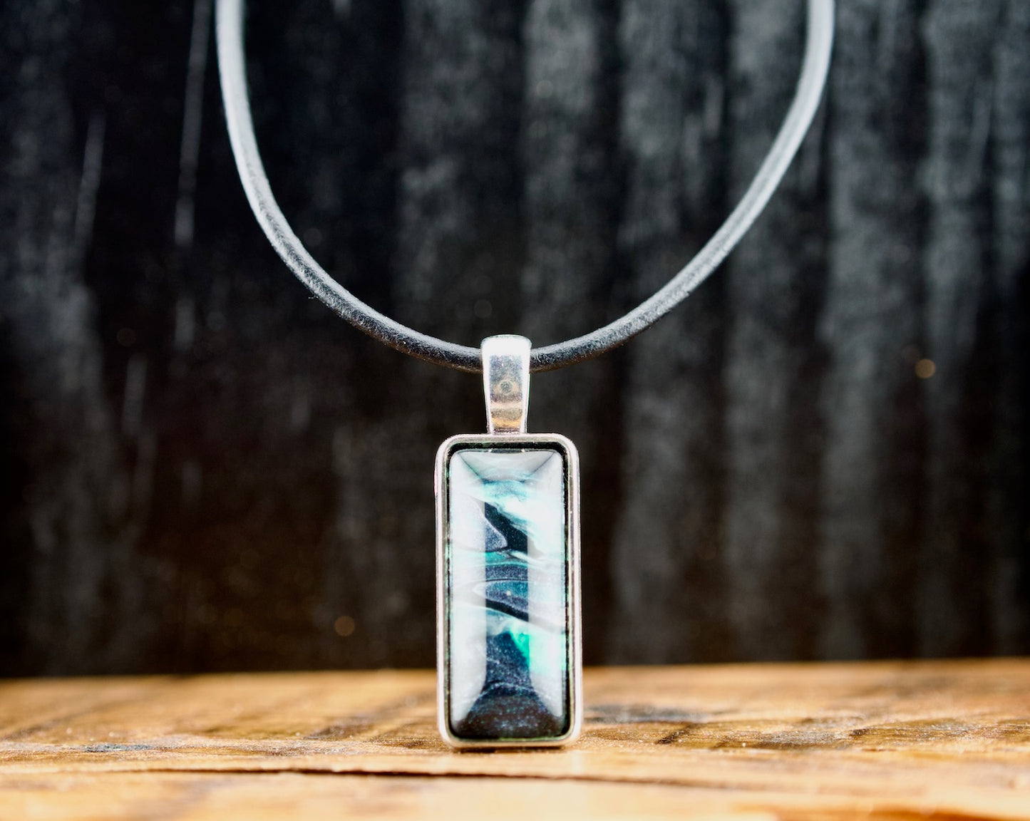 Galaxy Necklace 12 - Rectangular Silver Pendant with Black Leather Necklace