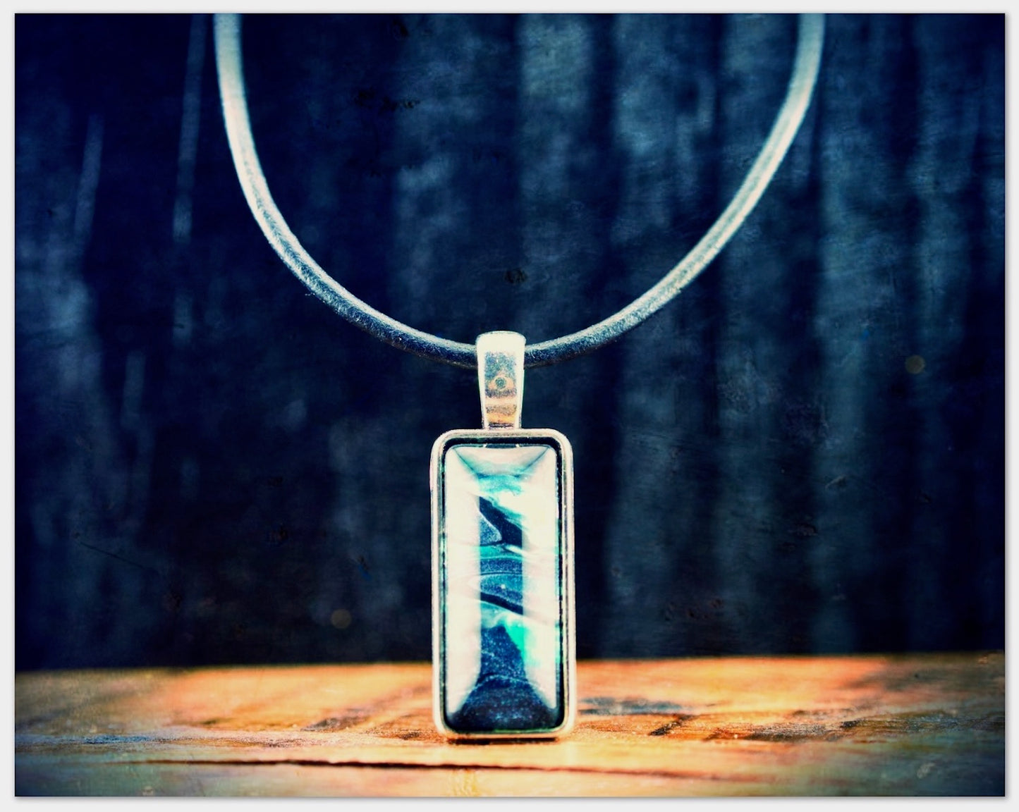 Galaxy Necklace 12 - Rectangular Silver Pendant with Black Leather Necklace